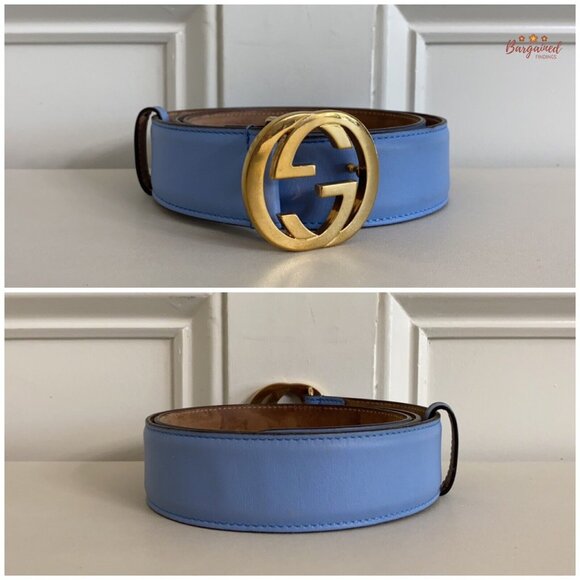 Authentic Gucci Blue Calfskin Leather Gold Interlocking G Buckle Belt 85/34 - Picture 3 of 13